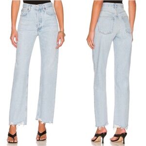 Agolde 90s pinch waist high rise straight Jean, raw hem, light wash, size 28